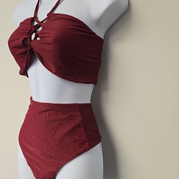 Zaful Bandeau High Waisted 2 pc Bikini Set Red L / 14 - Picture 2 of 7